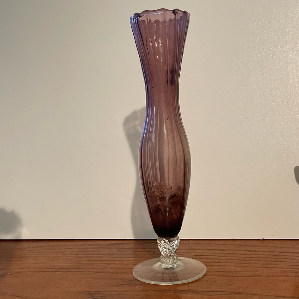 Vintage Amethyst Purple Glass Hand Blown Bud Vase Clear Base